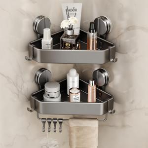 Suction Cup Shower Caddy Corner, 2 Pack Suction Corner Shower Shelves No Drilling, Rustproof Shower Organizer Suction Cup with Towel Holder & Hooks Removable Bathroom Storage Rack(Gray)