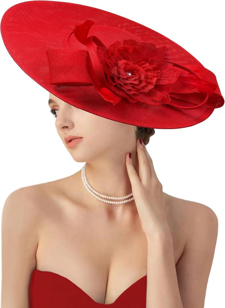 dressfan Church Fascinator Derby Hats for Women,20s 50s Linen Vintage Derby Hat for Church/Wedding/Cocktail/Tea Party (Red)