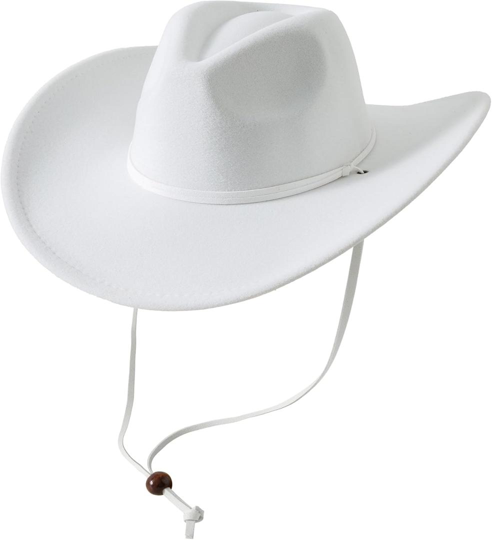 Lanzom Women Men Retro Felt Wide Brim Western Cowboy Cowgirl Hat Dress Up Hat with Wind Lanyard (Medium-Large, White) Lanzom Women Men Retro Felt Wide Brim Western Cowboy Cowgirl Hat Dress Up Hat with Wind Lanyard (Medium-Large, White)