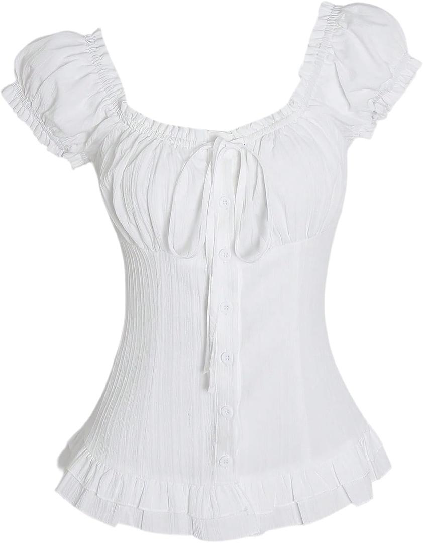 SOLY HUX Women's Frill Trim Button Down Shirts Tie Front Puff Sleeve Ruffle Blouse Tops (White, L)