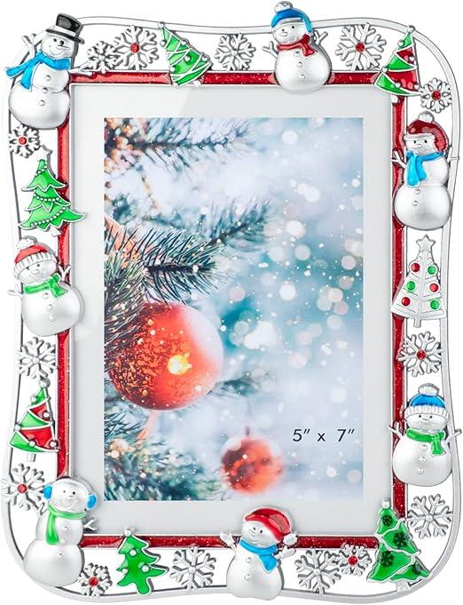 GUOER Picture Photo Frame 5x7 Inch Snowflake Christmas Metal Photo Display Picture Frames with High Definition Glass Front Gift Ideas Tabletop Home Decorative (Snow Man)