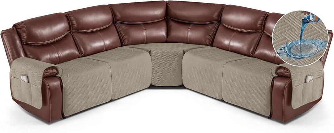 KinCam Waterproof Recliner Sectional Couch Covers, Oversized Reclining Sofa Covers for L Shape Couch, Non Slip Couch Cover for Sofa Washable Slipcover (5 Seat Recliner Cover, Khaki)