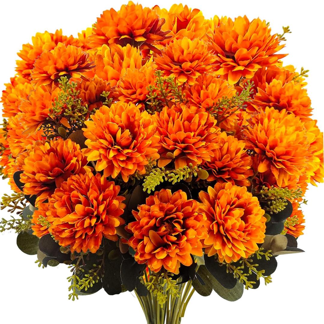 MUTCOLOR Fall Flowers Artificial for Decoration, 36 Heads Fake Mums Fall Floral Arrangement Silk Chrysanthemums Bouquet for Outdoor Home Indoor Table Pots Vase Cemetery Decoration, 4 Pcs