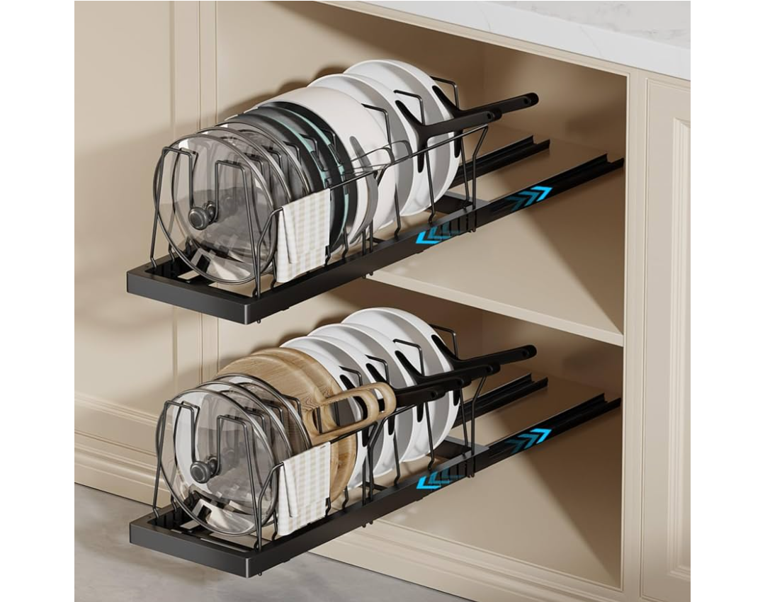 2 Pack Pots and Pans Organizer Under Cabinet, 22" Deep Expandable Pull Out Pot Lid Organizer and Storage with 10 Adjustable Dividers No Drill Pot and Pan Holder Rack with Handle Bracket(Black)