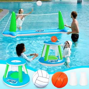 JOYIN Inflatable Volleyball Net & Basketball Hoops Pool Float Set; Balls Included for Kids and Adults, Summer Pool Game, Floaties, Volleyball Court (105x28x38) Basketball (27.6x23),Green,Blue (Large)