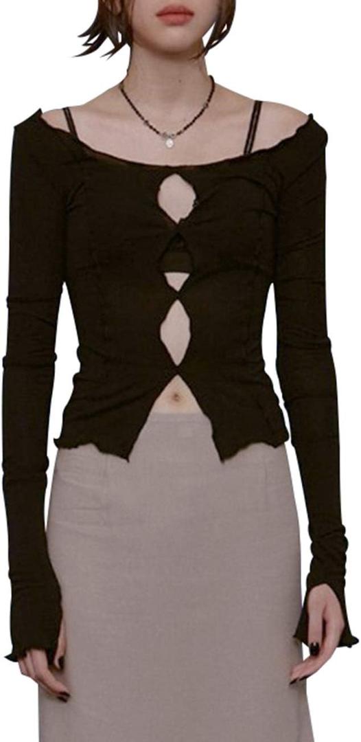 Cut Out Long Sleeve Boat Neck Women Streetwear Patchwork E Girl Shirts y2k Contrast Stitch Crop Top (Cut Out Black, M)