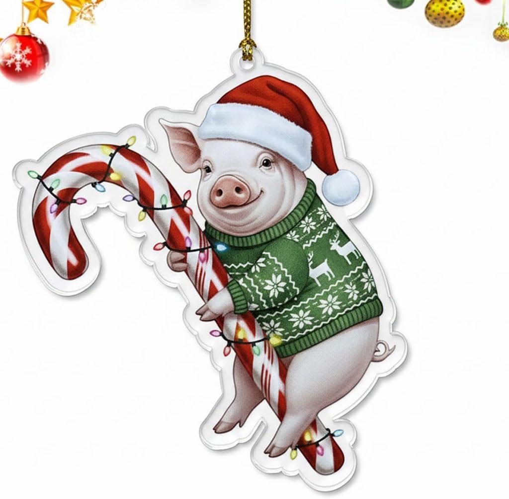 Pig Christmas Ornament 2025 2D Flat  Acrylic Holiday Tree Hanging Decoration  Cute Farm Animal Hugging Candy Cane Ornament, Pig Lover Gift, Rustic Christmas Keepsake 2025