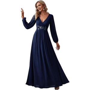 Ever-Pretty Women's V Neck Long Sleeves Floor Length Ruched Chiffon A-Line Formal Evening Dress Mother of Bride Dresses, Navy Blue, Size 18