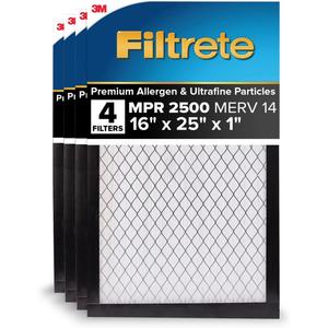 Filtrete 16x25x1 AC Furnace Air Filter, MERV 14, MPR 2500, High Performance Premium Allergen, Ultrafine Particles, Bacteria & Virus Filter, CERTIFIED Asthma & Allergy Friendly, 4-Pack