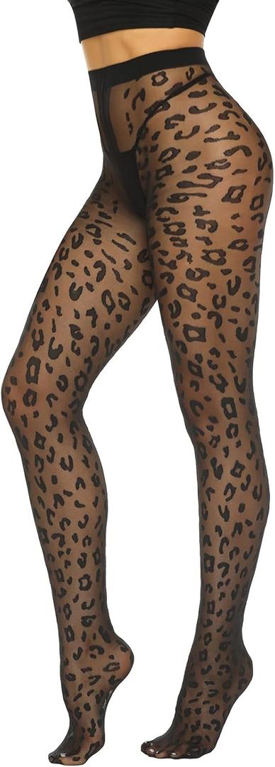 MANZI Patterned Tights Sheer Pantyhose for Women 20 Denier Stockings (One Size, Black Tights - Leopard)