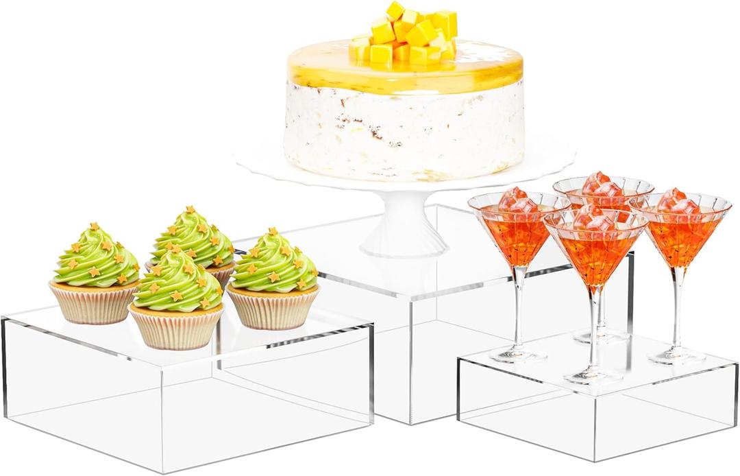 3 Pack Acrylic Cube Risers Acrylic Boxes for Food Buffet Risers Decorative Stands 6IN To 10IN with Hollow Bottoms 3 Sizes for Party Catering Dessert