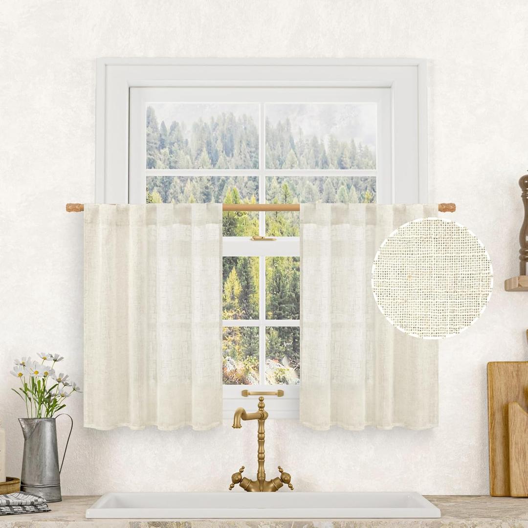 LAMIT Short Linen Kitchen Window Curtains 36 Inch Length, Over Sink Semi Sheer Light Filtering Panels Back Tab and Rod Pocket Drapes for Basement Bathroom Window, 2 Panels, Cream Ivory34 x 36 Inch (Natural)