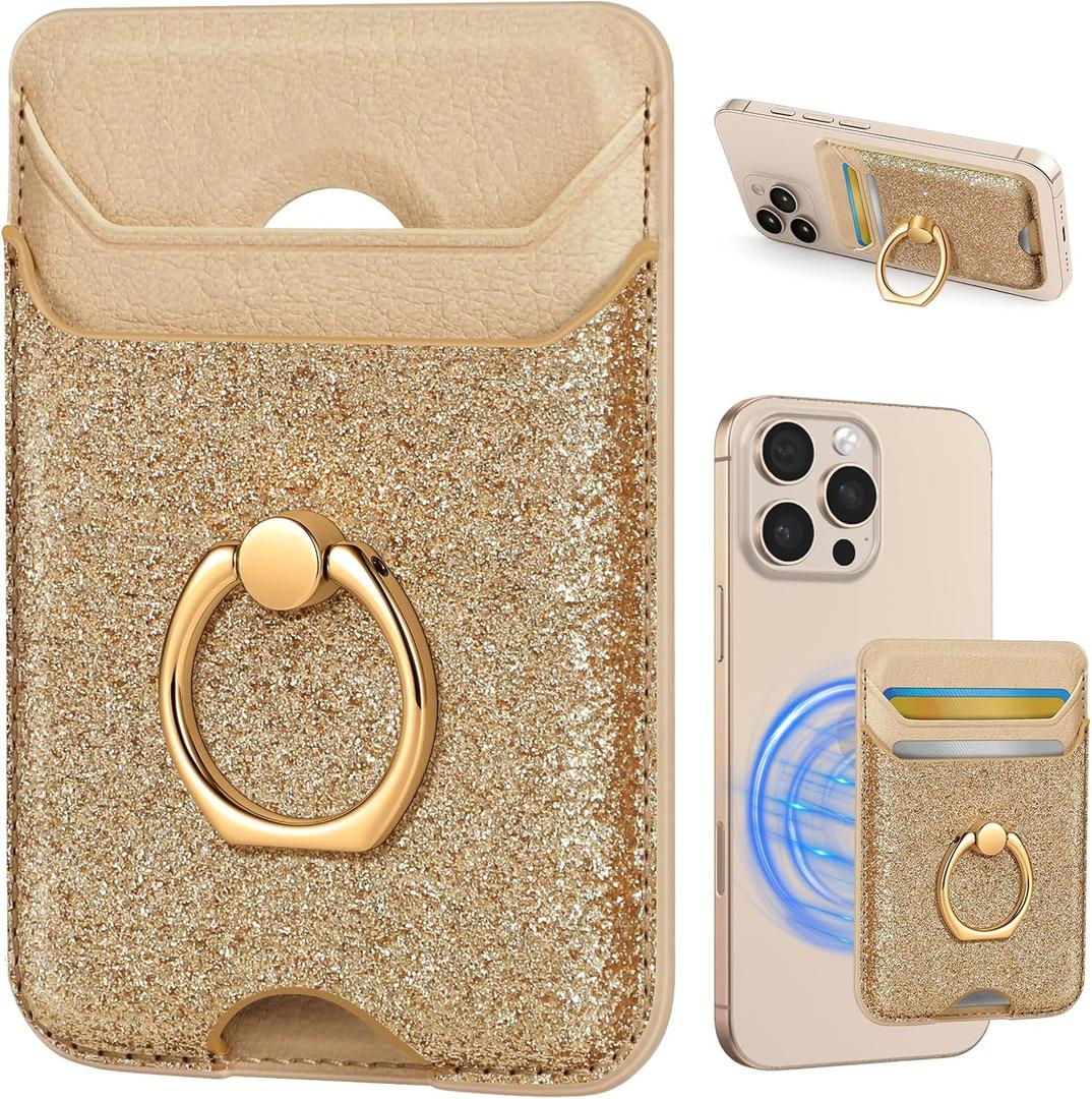 Shorogyt Compatible with Magsafe Wallet Magnetic Card Holder - Phone Wallets with Ring Grip Stand Cute Fashion for iPhone 17/16/15/14/13/12 Series for Women Girls Glitter Gold Design, Fit 3 Cards