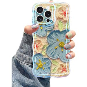 Jusy Compatible with iPhone 14 Pro Max, Colorful Retro Oil Painting Printed Flower Laser Glossy Pattern Cute Curly Wave Phone Case Soft TPU Cover for Girly Women - Blue