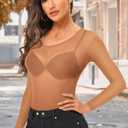 ZNVGIRL Women's Mesh Bodysuit Long Sleeve Sheer T Shirt Slim Fit Basic Body Tops(Nude,M)