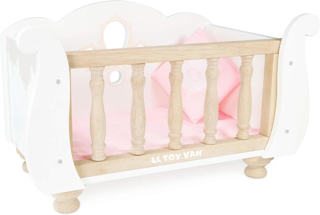 Le Toy Van - Educational Wooden Toy Role Play Beautiful Sleigh Doll Cot & Crib | Girls Pretend Play Toy Pram Playset - for Ages 3+ (White)