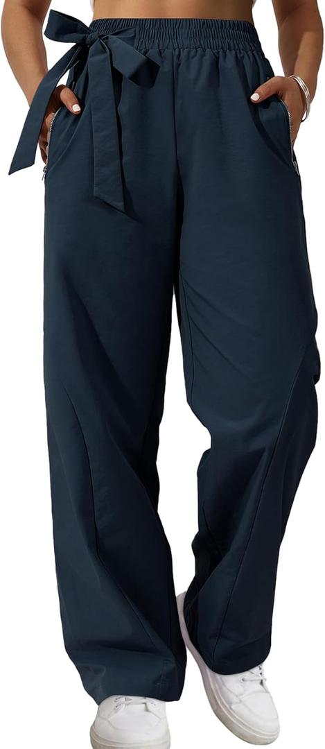 Women's Wide Leg Pants Y2K Trendy Elastic Waist Track Pants Baggy Tie Knot Trousers with Zipper Pockets Streetwear Casual, Size: X-Small (Navy Blue)