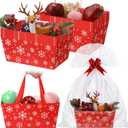 12 Pcs Christmas Basket for Gifts Empty 9.8 x 6.5'' Snowflake Market Tray Red Cardboard Basket with Bows, Cellophane Bags, Twist Tiles, Empty to Fill for Holiday Birthday Winter Party Favors