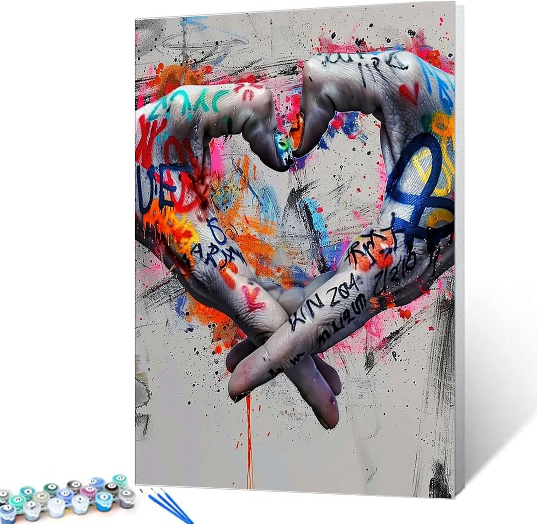 Tucocoo DIY Painting by Numbers Kits for Adults Artwork Colorful Graffiti Hands and Black and White Graffiti Hands Make up a Love Heart Wall Art Decoration 16''x20''