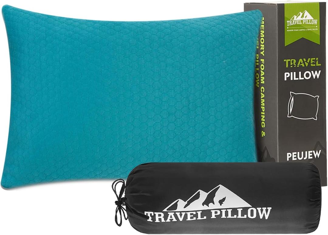 Travel Size Pillow Camping Pillow, Compressible Memory Foam Pillow, Breathable and Soft for Travel Airplane Car Hiking Outdoor (M-17.7 x 13.8 Inch, Turquoise Blue)