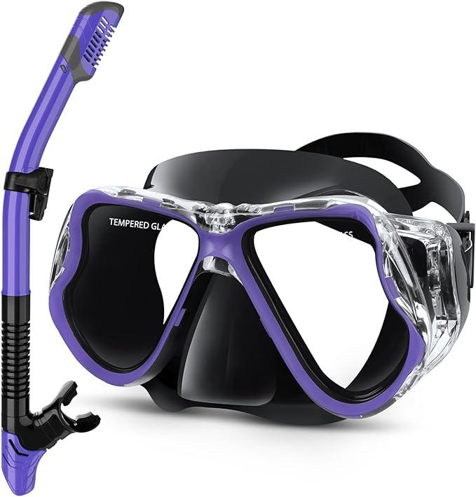 Greatever Dry Snorkel Set,Panoramic Wide View Anti-Fog Scuba Diving Mask,Professional Snorkeling Gear for Adults Kids