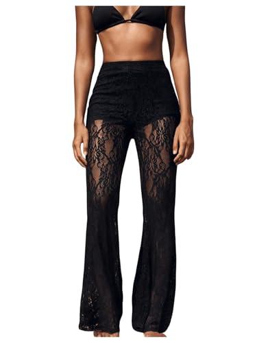 RoseSeek Women's Floral Lace Sheer Mesh Flare Pants Elastic High Waisted Long Trousers Black Large