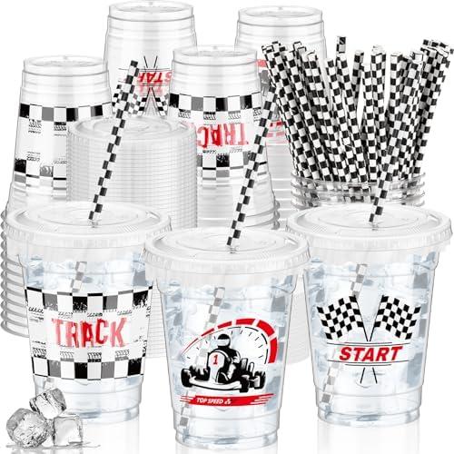 FoldTier 50 Pcs Checkered Racing Party Plastic Cup 12 oz Checkered Flag Thick Transparent Cup Black and White Cups Race Car Birthday Party Supplies for Racecar Sports Themed