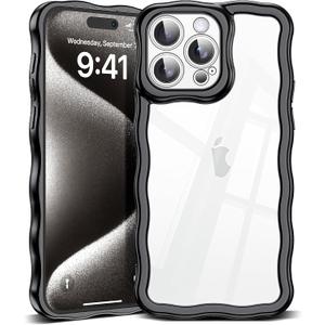 4 x  SKYLMW Compatible with iPhone 15 Case 6.1" 2023, Cute Kawaii Curly Wave Frame Shape Soft Silicone Shockproof Protective Phone Cover for Women Girls, Black