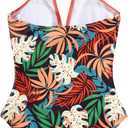 SUUKSESS Women Sexy Tummy Control One Piece Swimsuits Halter Push Up Bathing Suits, Coral Pink Leaf (Medium)