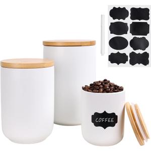 Kitchen Canisters Set With Airtight Bamboo Lid, Ceramic Canister Set of 3, Sugar Flour Coffee Containers for Countertop, Food Storage Container Jars Set for Tea Beans, White