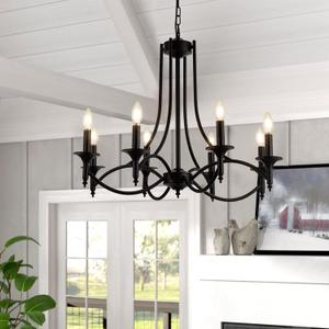 Industrial Candle Chandelier Modern Farmhouse Hanging Pendant Light Fixture with 8-Light Black Iron Classic Rural Candle Ceiling for Dining Room Living Room Bedroom Kitchen Island Foyer (Black-8)