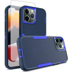 Case for iPhone 13 Pro Max with Tempered Glass Screen Protector, Hybrid Heavy Duty Dual Layer Shockproof Rugged Protection Cover for iPhone 13 Pro Max Navy Blue