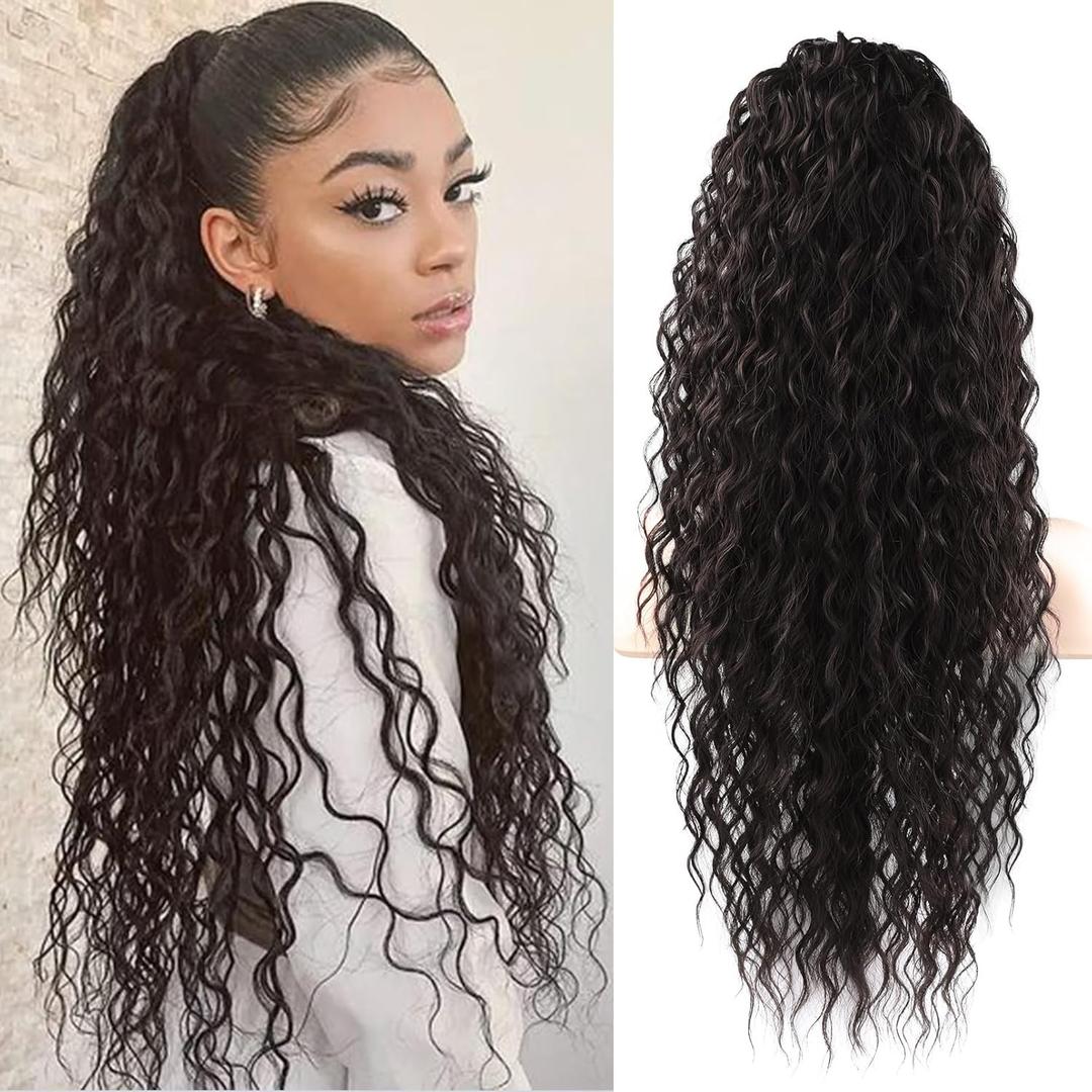 SEIKEA Highlight Drawstring Ponytail Extension, PT005 Isabella 26" Long Bohemian Curly Pony Tail Multi Layered Light Soft Clip in Hair Extensions Ponytail Natural Synthetic Hairpiece Black Brown