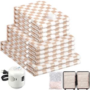 10 Pack Travel Vacuum Storage Bags with Electric Pump, 2 Large+4 Medium+4 Small Vacuum Sealer Bags, 80% Space Saver Bags for Luggage, Comforters and Blankets, Travel Essentials(Light Pink Checkered)