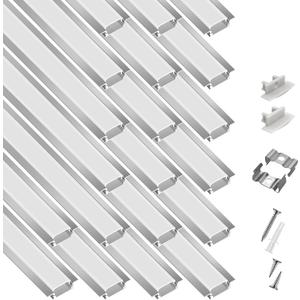 20-Pack 6.6ft/2Meter Silver Recessed LED Aluminum Channel for LED Strip Lights Diffuser Channel with Milky Cover End Caps and Mounting Clips, Flush Mounted LED Track for Ceiling Under Cabinet Closet.