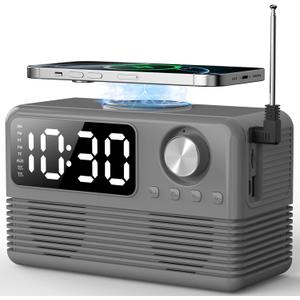 15W Fast Wireless Charger with Bluetooth Speaker and Alarm Clock Radio,4 in1 Wireless Charging Station for iPhone,Android Phones with FM Radio for Bedroom (7inch, Gray)