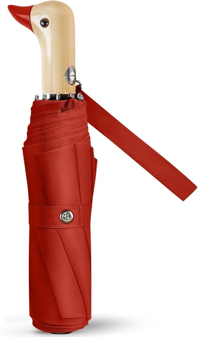 Cute Duck Umbrella Automatic - Compact Pretty Pocket Size Strong Duck Collapsible Umbrella Yellow Wooden Handle for Women (46inch, 04.Red)