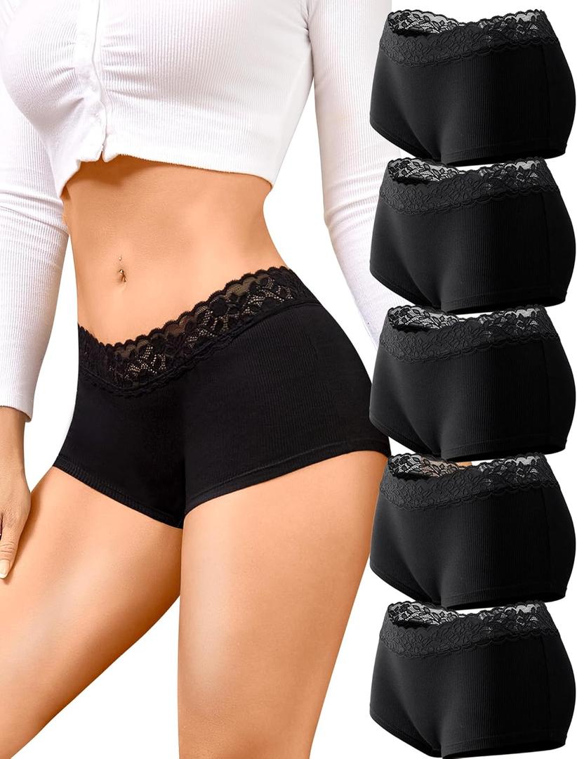 FINETOO Cotton Underwear for Women Boy Shorts Lace Boxer Briefs Soft Full Coverage Womens Panties 5 Pack S-XXL (Black)
