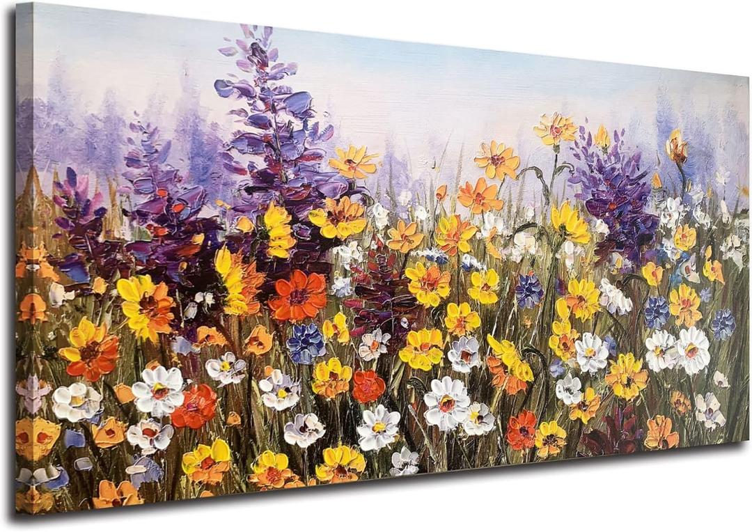 Ardemy Flower Canvas Wall Art for Living Room Daisy Colorful Textured Picture Bedroom Wildflower Painting Purple Yellow Floral Artwork Large Framed for Home Office Wall Decor, 40"x20"