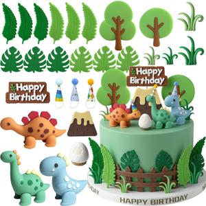 Simpfo-27 PCS Dinosaur Cake Topper, Birthday Decorations Set with Dinosaur Eggs, Jungle Leaves - Reusable Dinosaur Cake Decorations for Kids, Dino Theme Party Supplies for Boys Girls ToddlerSimpfo