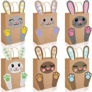 Sanixin 24Pcs Easter DIY Craft Bags for Kids Kraft DIY Bunny Paper Gift Bags with Handles for Classroom for Spring Holidays Party Decorations