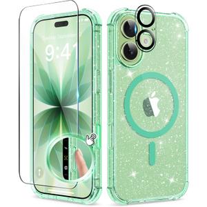 BERFY for iPhone 17 Case for Women, Clear Glitter Shockproof Protective Case, Anti-Yellowing, with Screen Protector & Camera Lens Protector 6.3", Magnetic Sparkle Green