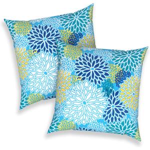 Outdoor Throw Pillows 16x16 Inch, Water Repellent Patio Pillows with Inners Set of 2 for Patio Furniture Home Garden, Dahlia Blue