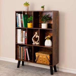 LEYAOYAO Cube Bookshelf 3 Tier Mid-Century Rustic Brown Modern Bookcase with Legs, Retro Wood Bookshelves Storage Organizer Shelf, Freestanding Open Book Shelves for Bedroom, Living Room, Office