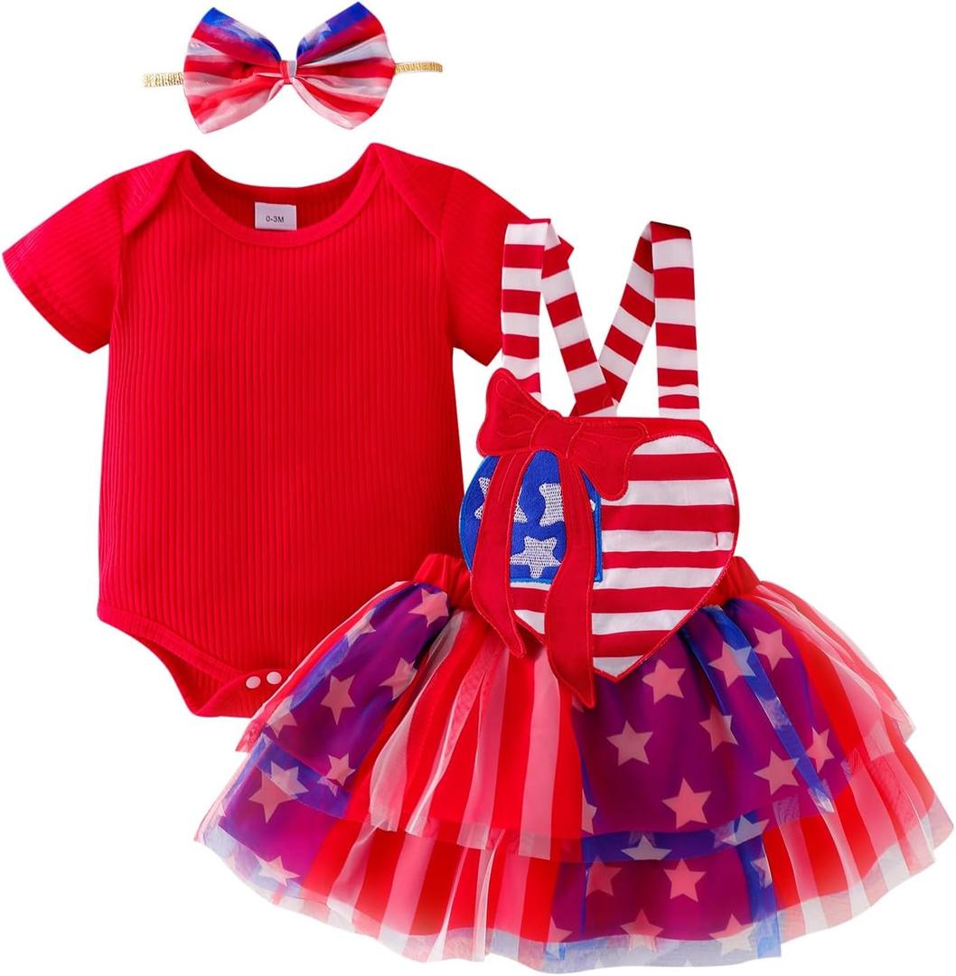 4th of July Baby Girl Outfits Newborn Clothes Cute Romper Tulle Suspender Skirt Headband 3pcs Summer Set 0-18 Months