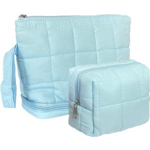 Blue Puffy Puffer Makeup Bag for Purse Small Makeup Pouch Quilted Cosmetic Bag Cute Cotton Toiletry Pouch Bag for Women