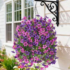 Artificial Hanging Baskets Outdoor, 4 Bundles Artificial Hanging Flowers Outdoors Spring Summer Decoration, No Fade Realistic Fake Hanging Baskets for Porch Patio Balcony Home Yard Decor (Double Purple)