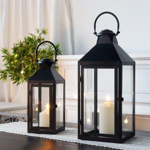 JHY DESIGN Set of 2 Black Decorative Lanterns 17.5inch&13.5inch Metal Candle Lanterns for Indoor Outdoor Events Paritie and Weddings Vintage Style Hanging Lantern