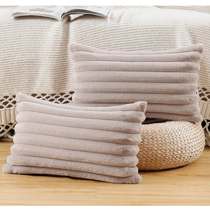 Set of 4 Faux Wool Plush Decorative Throw Pillow Covers 12x20 Inch Taupe Fluffy Striped Soft Decorative Cushion Cover for Sofa Bedroom Pillow Shell