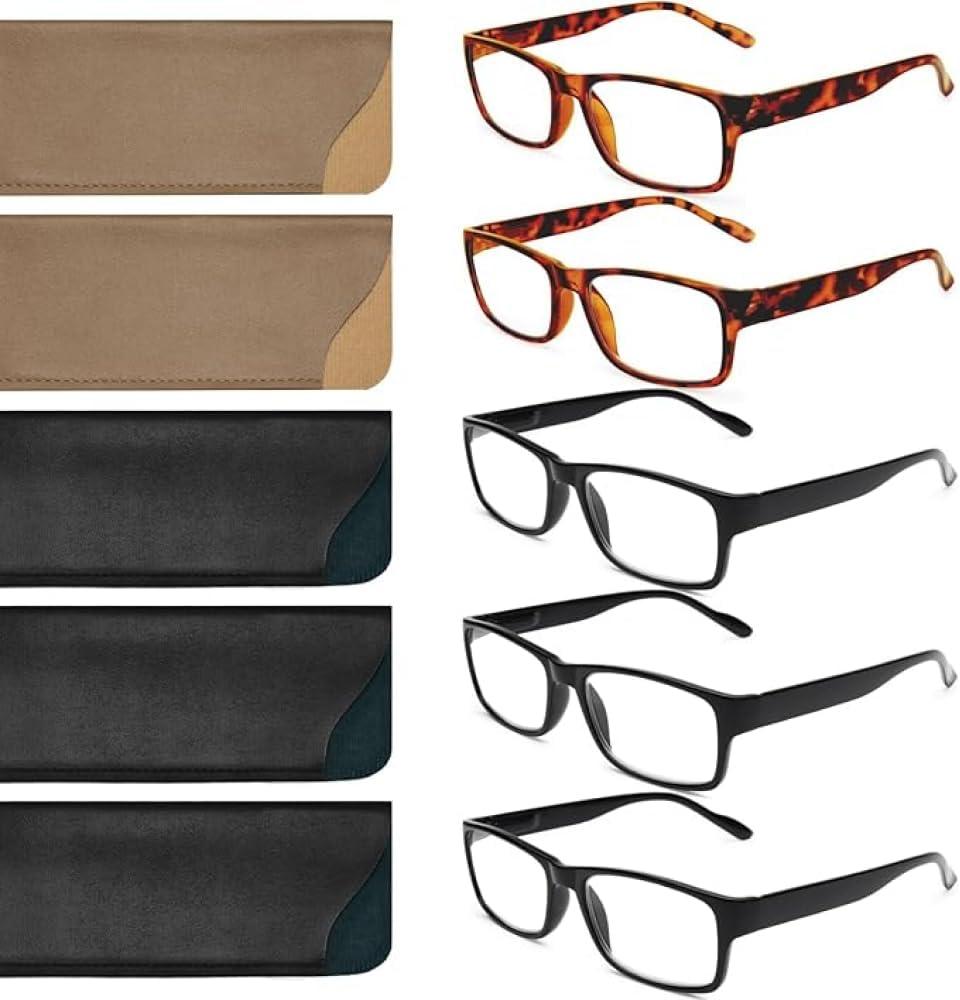 Gaoye 5-Pack Reading Glasses Blue Light Blocking, Spring Hinge Readers for Women Men Anti Glare Filter Lightweight Eyeglasses (I1 turtle mix with bags, 1.5x)